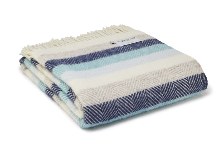 Tweedmill Seashore Blue Stripe Pure Wool Throw with Cream Fringe from Source for the Goose Devon