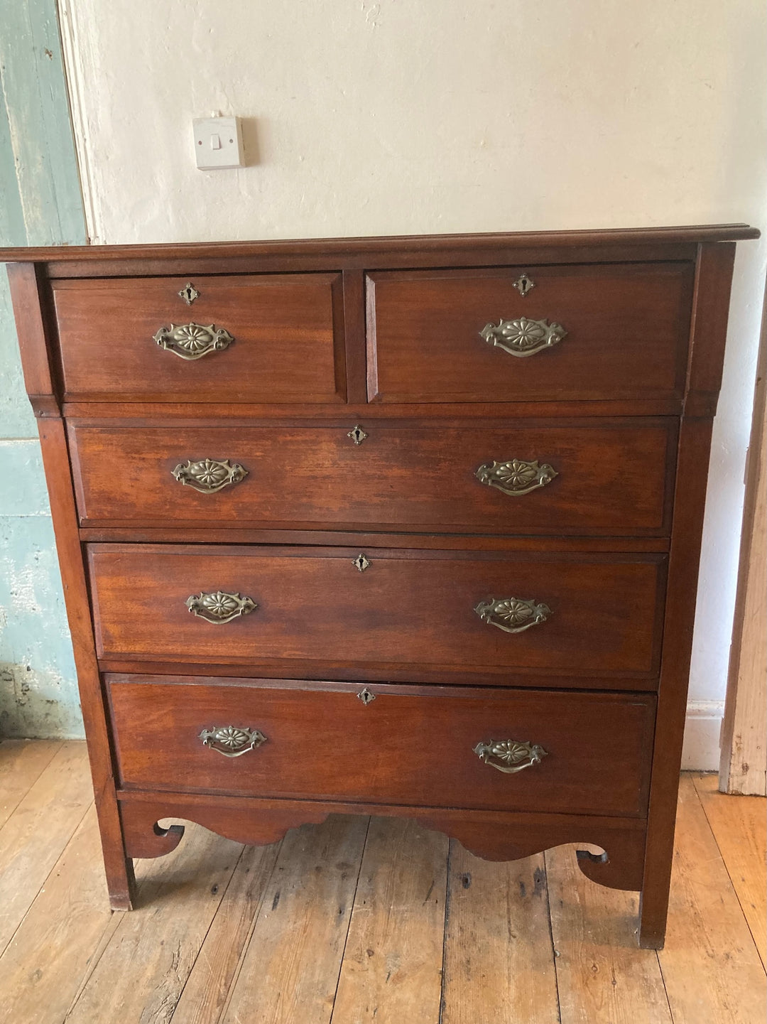 Tall Two over Three Edwardian Chest of Drawers with brass handles, crafted from antique ash, by Source for the Goose, Devon.