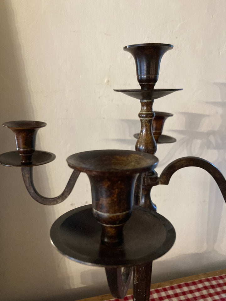 Tall vintage metal five arm candelabra with bakelite style patina for elegant home decor by Source for the Goose, Devon.