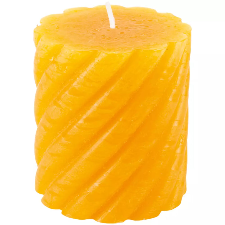 Twisted Warm Ochre Pillar Candle by Source for the Goose, featuring a rich yellow hue and elegant twist design.