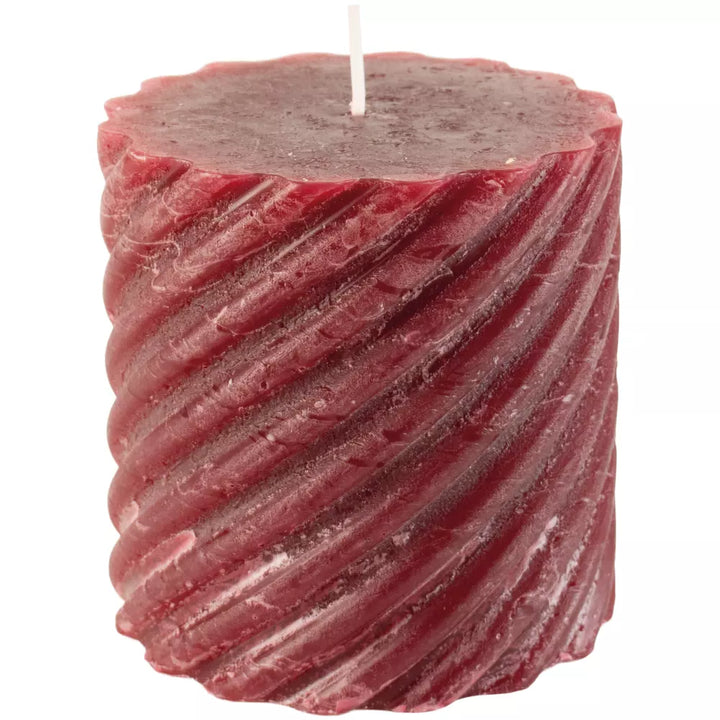 Twisted Plum Red Pillar Candle by Source for the Goose, rich plum hue, elegant twisted design, luxurious decor.