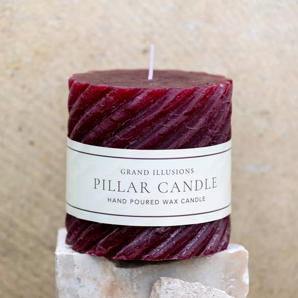 Twisted Plum Red Pillar Candle by Source for the Goose, hand-poured wax with elegant design, perfect for adding luxury to any setting.