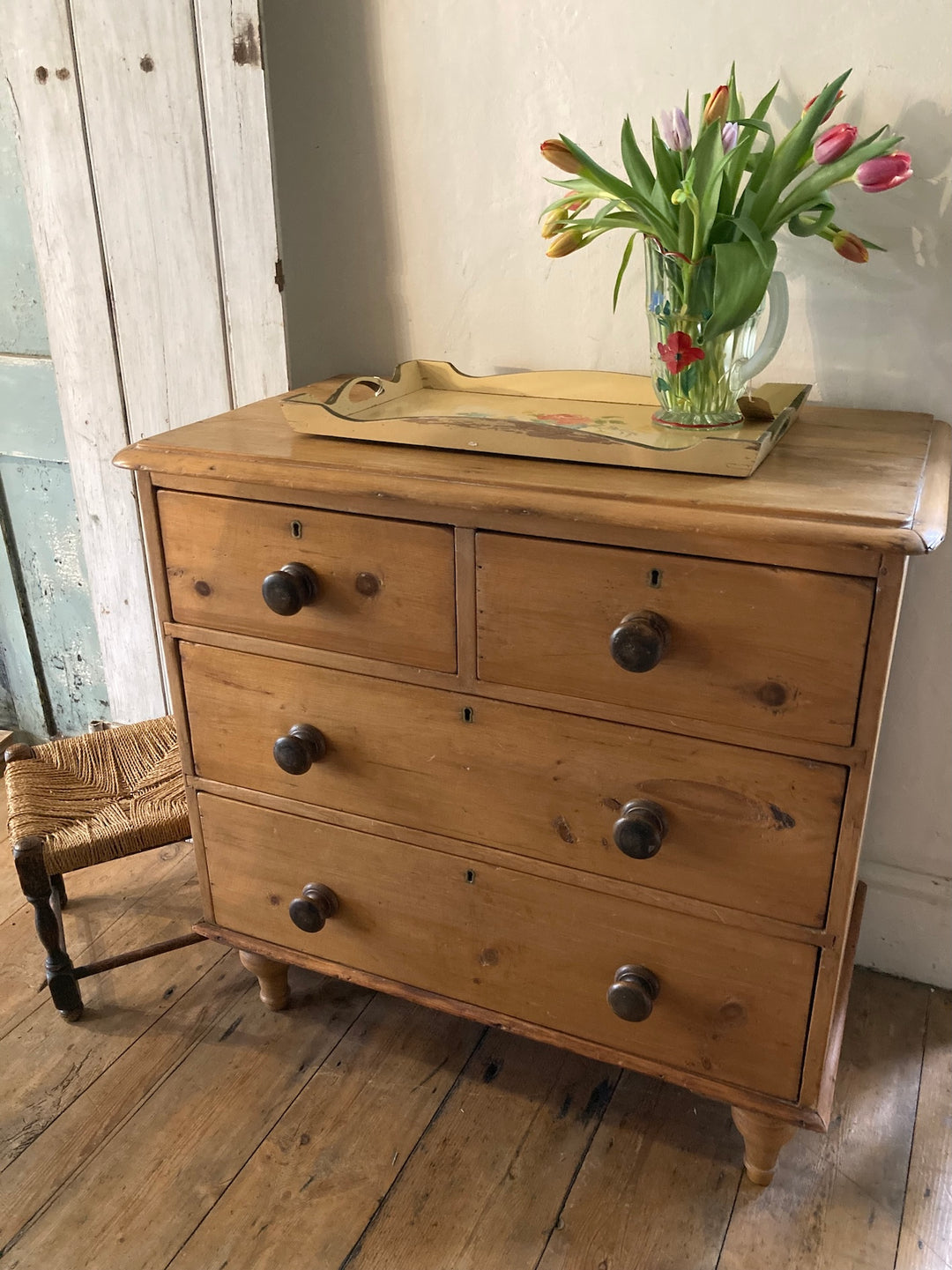 Victorian Antique Pine Chest of Drawers with original handles from Source for the Goose, Devon, featuring a rustic charm.