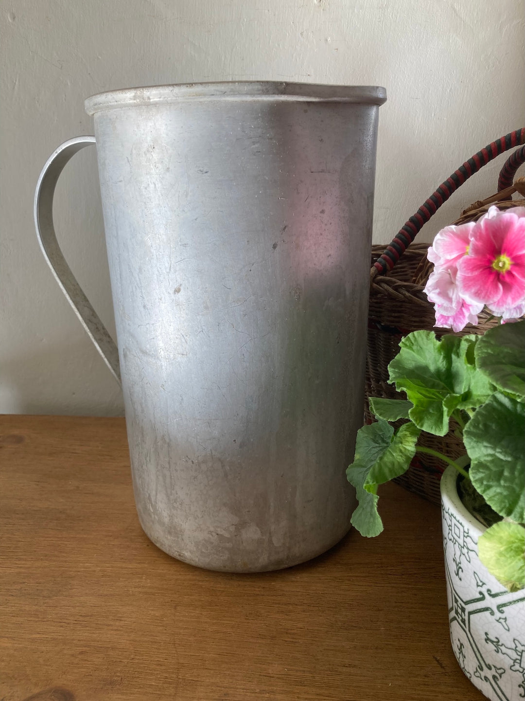 Vintage tall aluminium jug by Source for the Goose, perfect for flowers or rustic kitchen decor in Devon.