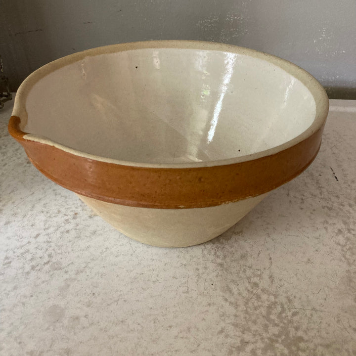 Small French Vintage Dairy Bowl with brown slip edge and pouring lip, terracotta design from Source for the Goose, Devon.