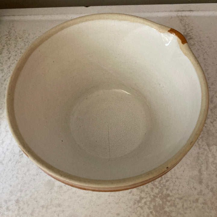 Small French Vintage Dairy Bowl with traditional glaze and brown slip, perfect for farmhouse kitchen. Source for the Goose, Devon.