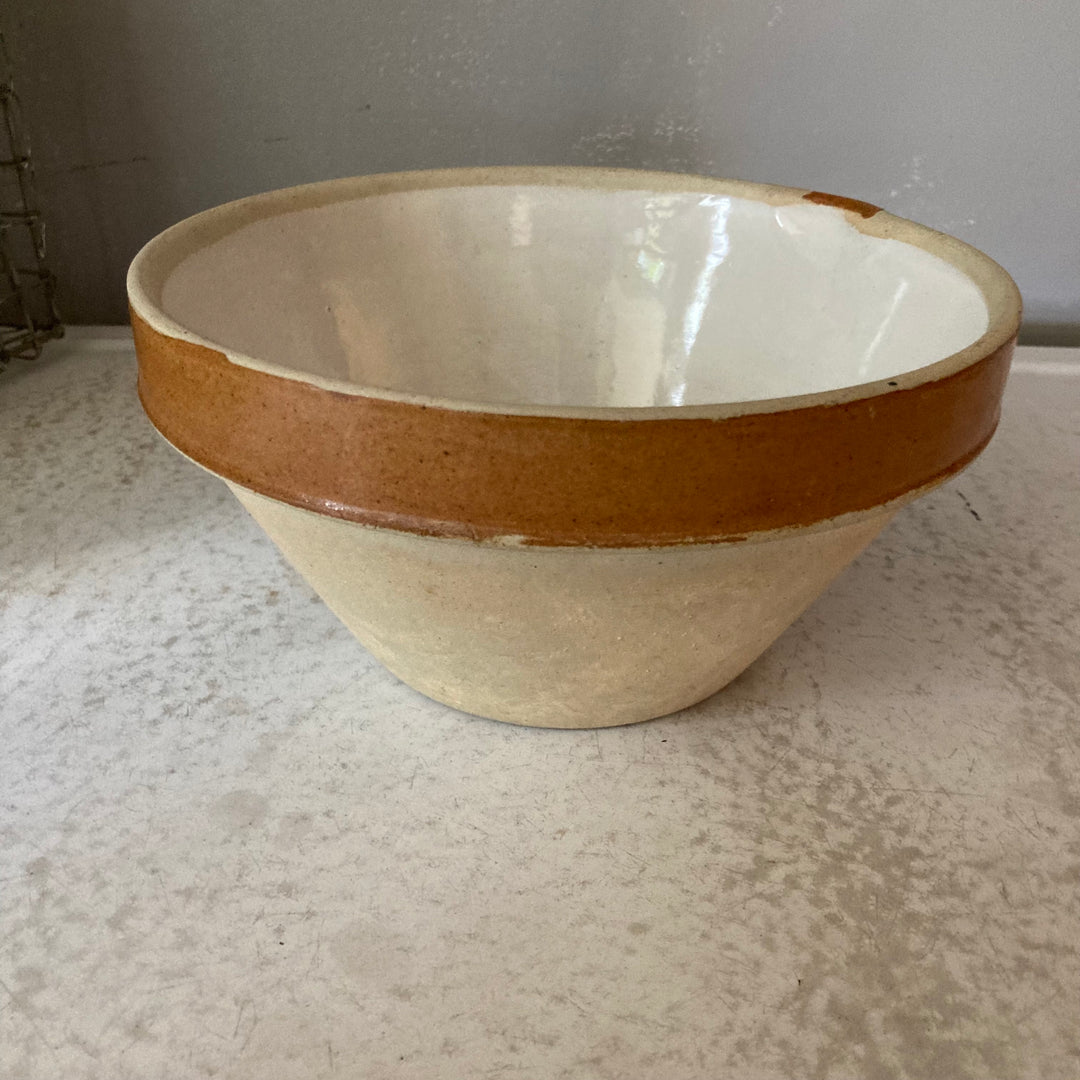 Vintage French terracotta dairy bowl with brown slip, Source for the Goose Devon, farmhouse kitchen decor.