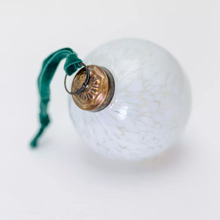 White glass Christmas decoration with velvet loop from Source for the Goose, Devon, featuring a pretty mottled finish and luxurious teal green ribbon