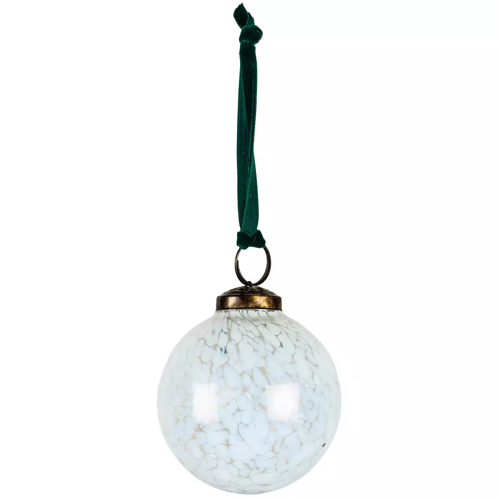 White glass Christmas bauble with teal velvet loop from Source for the Goose Devon, vintage-style decoration with mottled finish.