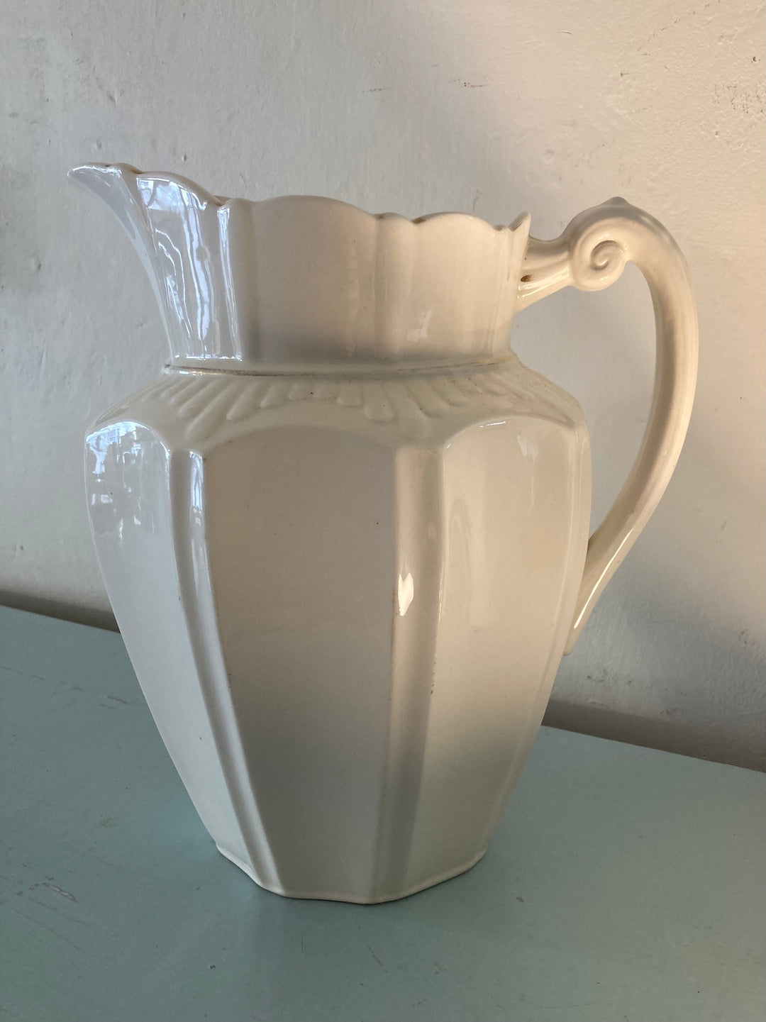 Large vintage white jug with fluted design, adding elegance to home decor from Source for the Goose, Devon.