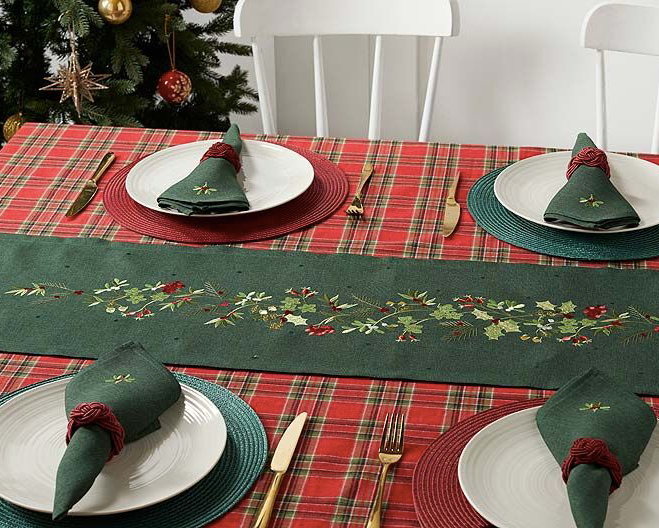 Waltons of Yorkshire Embroidered Green  Holly Berry Table Runner to buy at interiors at Source for the Goose 