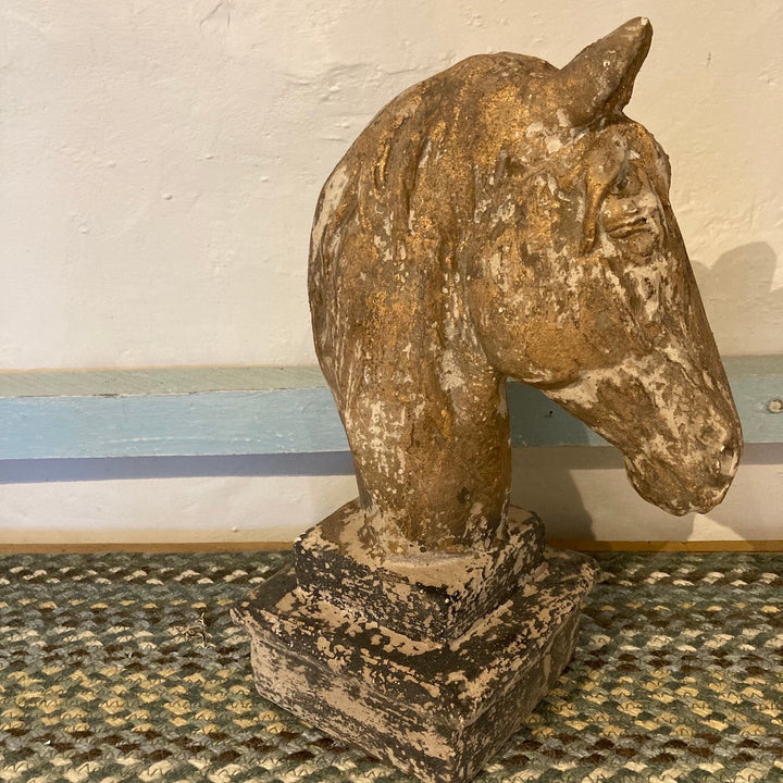 distressed, old gold colour horse head ornament for sale at Source for the Goose, Devon